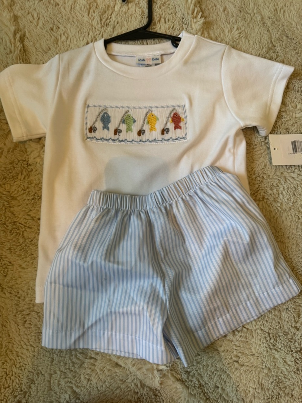 Smocked Fish Appliqué Tee & Blue Stripe Shorts Set